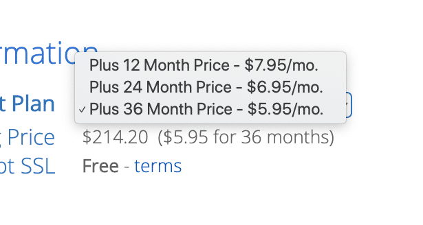 Bluehost Hosting Cost When You Pay for 36 months vs. 12 months